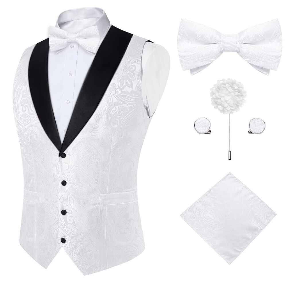 9121 White Vest Bowtie Set Silk Paisley Waistcoat and Bowtie Pocket Square